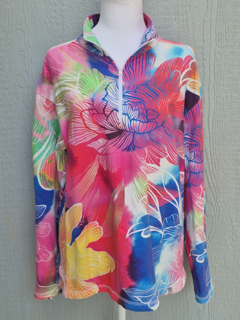 T by TALBOTS Floral 1/4 Zip Pullover Sweatshirt Vibrant COTTON Blend Size L